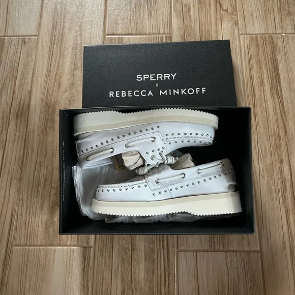 🆕 Sperry X Rebecca Minkoff white studded boat shoes NIB Size 6M