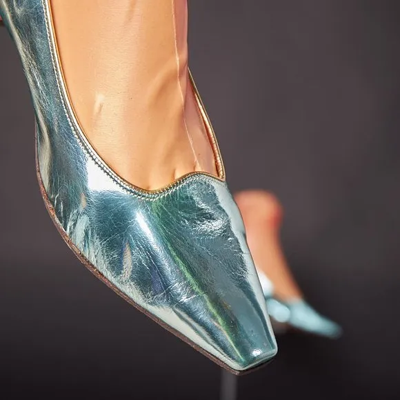 1960s Metallic Blue Kitten Heels Pumps