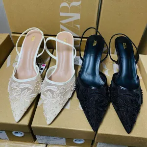 2024 Autumn Trade Export Mesh High Heel Shoes for Women – Pearl Accents, Premium Gray Color