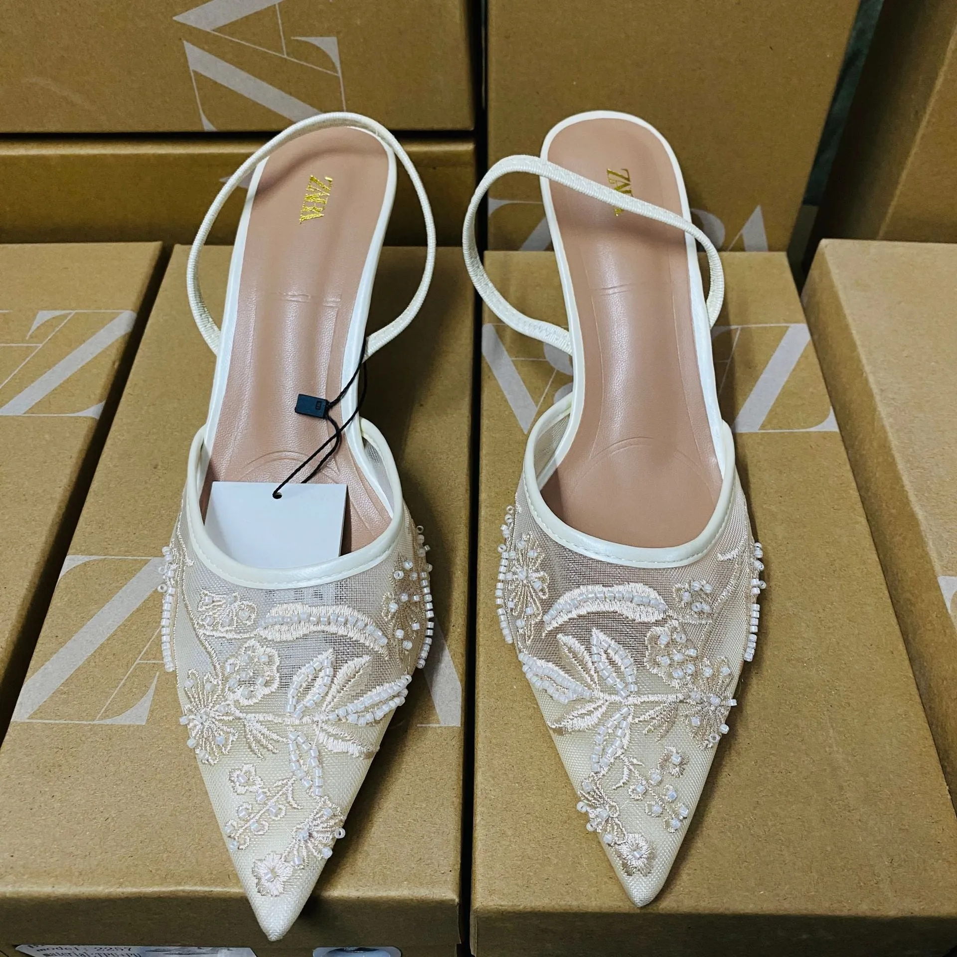 2024 Autumn Trade Export Mesh High Heel Shoes for Women – Pearl Accents, Premium Gray Color