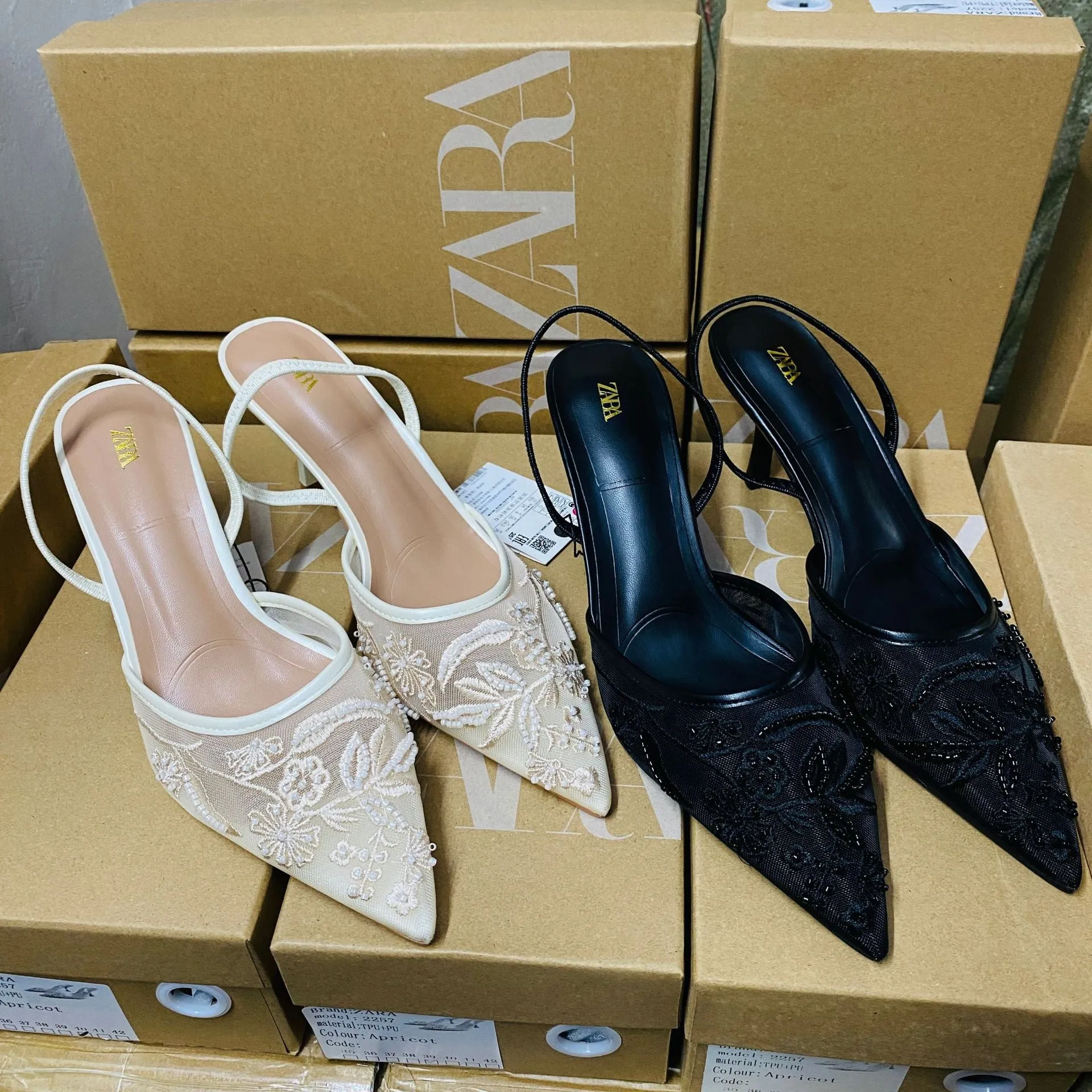 2024 Autumn Trade Export Mesh High Heel Shoes for Women – Pearl Accents, Premium Gray Color