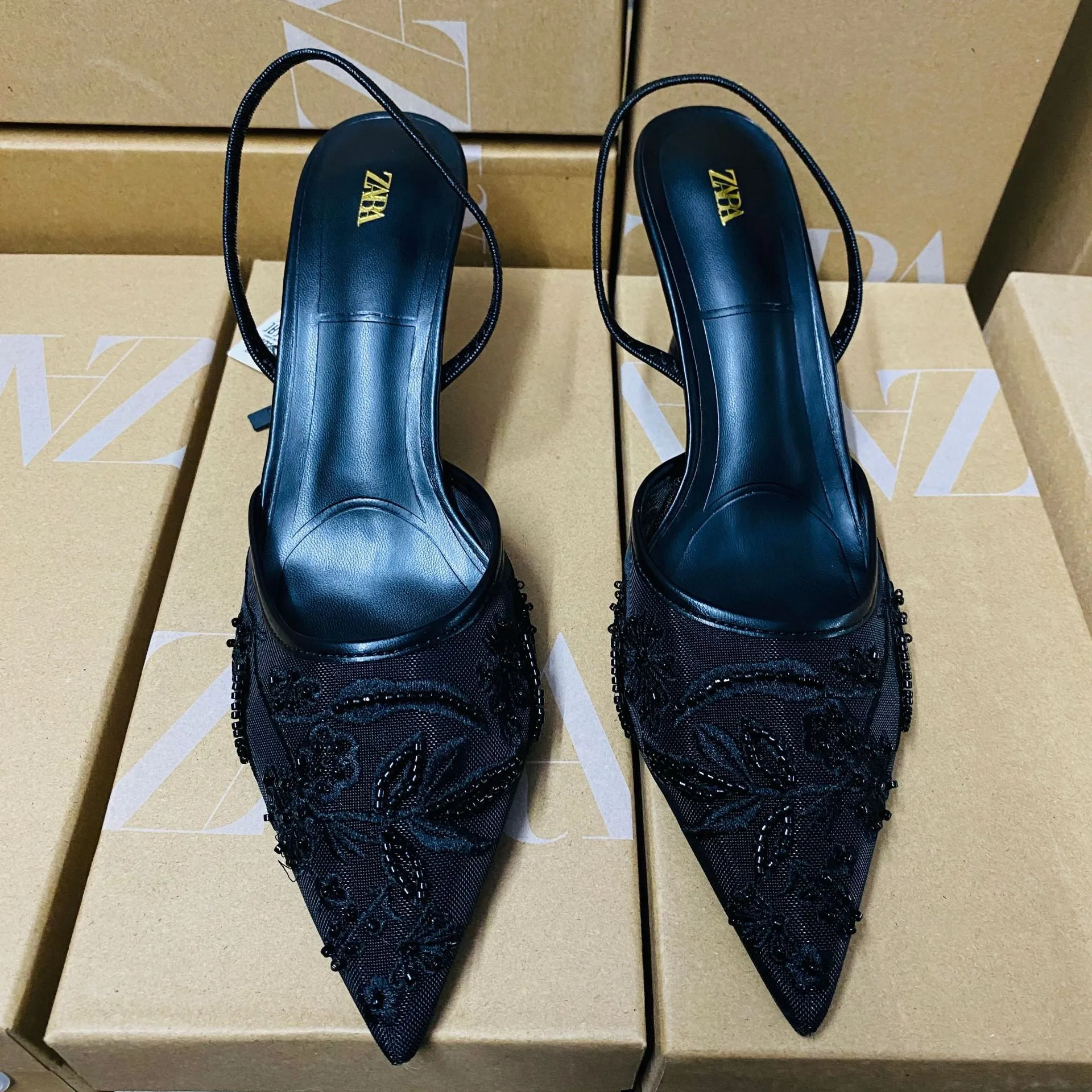 2024 Autumn Trade Export Mesh High Heel Shoes for Women – Pearl Accents, Premium Gray Color