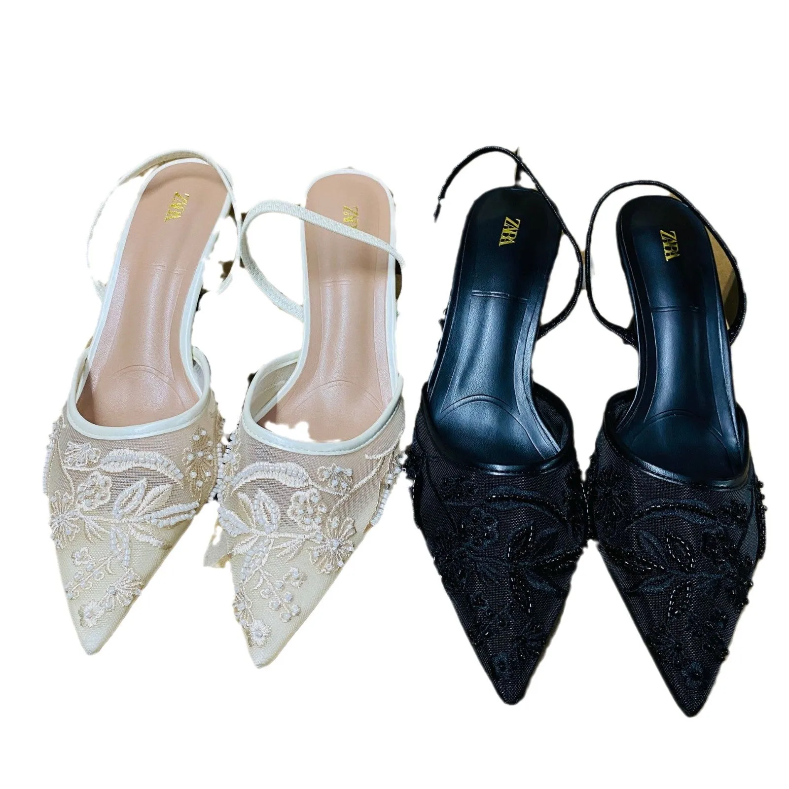 2024 Autumn Trade Export Mesh High Heel Shoes for Women – Pearl Accents, Premium Gray Color
