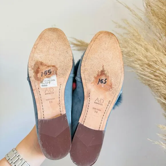AD DAUGHTERS Blue Grey Rabbit Fur Flats Pointy Toe Bow Slides Mules Shoes 7.5