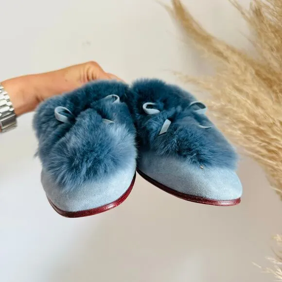 AD DAUGHTERS Blue Grey Rabbit Fur Flats Pointy Toe Bow Slides Mules Shoes 7.5