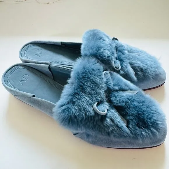 AD DAUGHTERS Blue Grey Rabbit Fur Flats Pointy Toe Bow Slides Mules Shoes 7.5