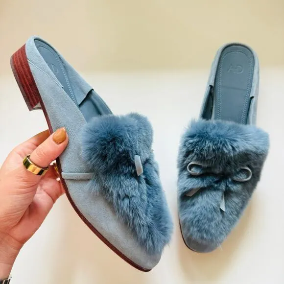AD DAUGHTERS Blue Grey Rabbit Fur Flats Pointy Toe Bow Slides Mules Shoes 7.5