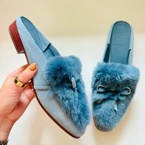 AD DAUGHTERS Blue Grey Rabbit Fur Flats Pointy Toe Bow Slides Mules Shoes 7.5