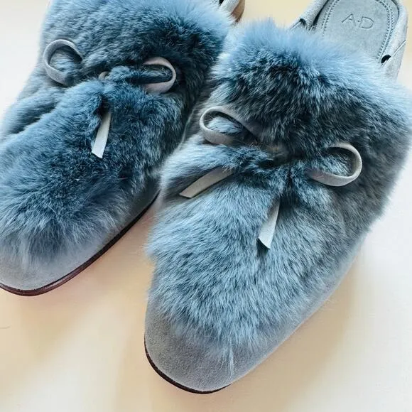 AD DAUGHTERS Blue Grey Rabbit Fur Flats Pointy Toe Bow Slides Mules Shoes 7.5