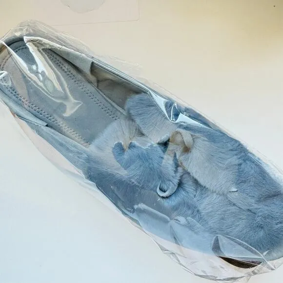AD DAUGHTERS Blue Grey Rabbit Fur Flats Pointy Toe Bow Slides Mules Shoes 7.5