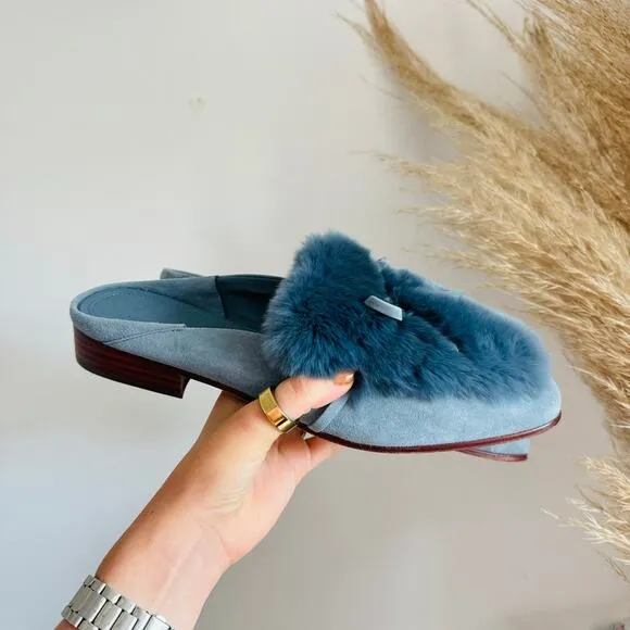 AD DAUGHTERS Blue Grey Rabbit Fur Flats Pointy Toe Bow Slides Mules Shoes 7.5