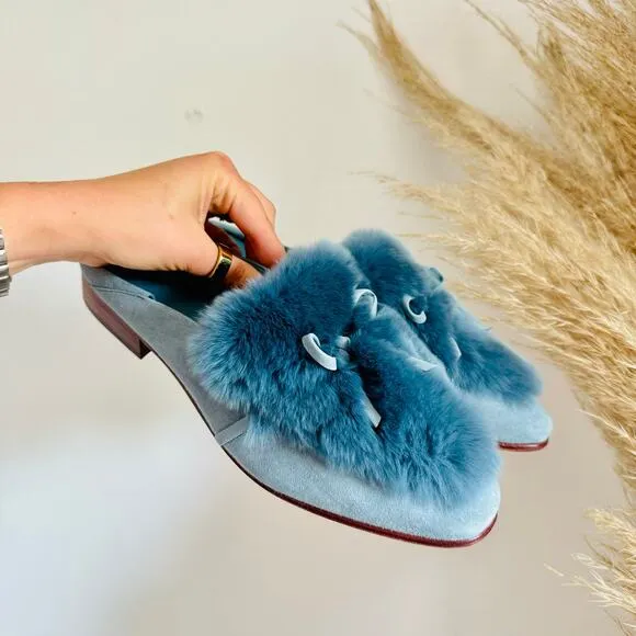 AD DAUGHTERS Blue Grey Rabbit Fur Flats Pointy Toe Bow Slides Mules Shoes 7.5