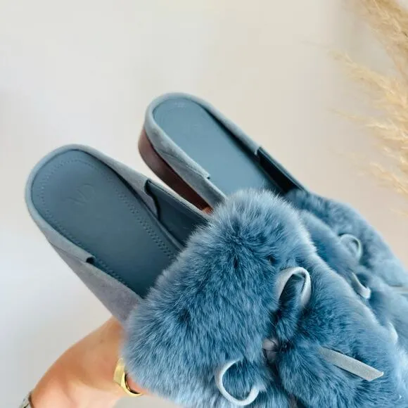 AD DAUGHTERS Blue Grey Rabbit Fur Flats Pointy Toe Bow Slides Mules Shoes 7.5