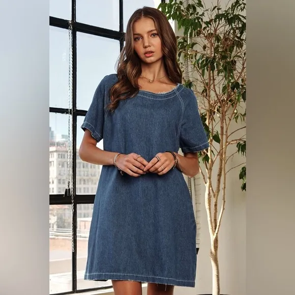 ADORA Raw Hem Mini Denim Dress with Pockets