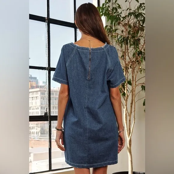 ADORA Raw Hem Mini Denim Dress with Pockets