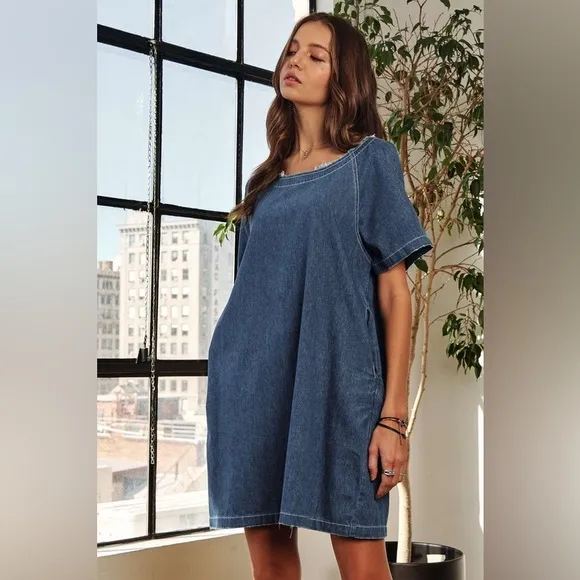 ADORA Raw Hem Mini Denim Dress with Pockets