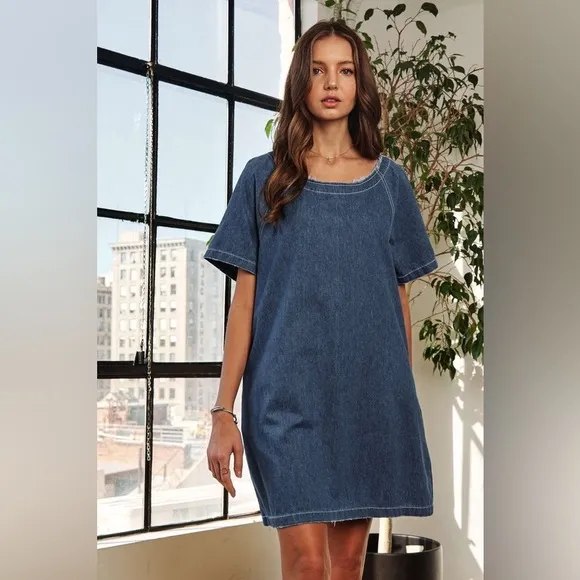 ADORA Raw Hem Mini Denim Dress with Pockets