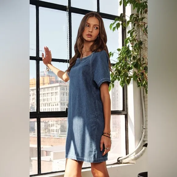 ADORA Raw Hem Mini Denim Dress with Pockets