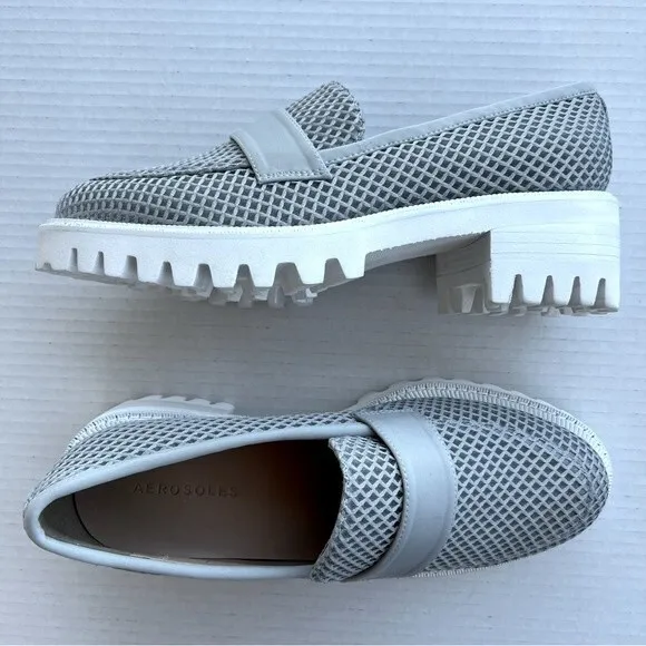 Aerosoles Ronnie Gray Mesh Fabric Preppy Loafers White Platform Soles Women 8
