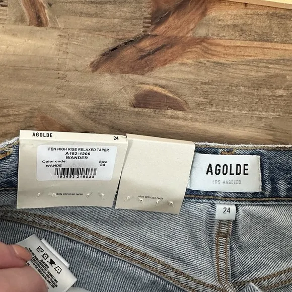 AGOLDE Fen High Rise Relaxed Taper Button Fly Blue Jeans in Wander Size 24 NWT