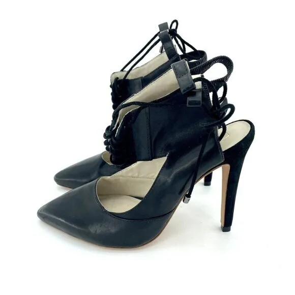 Alepel Chaine Pumps Black Leather &amp; Suede Lace Up Shoes SZ 8.5 New $695