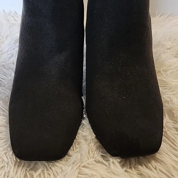 ALFANI BRITTNEE SQUARE-TOE BLACK SUEDE BOOTIES 9 GOLD TRIM ON HEEL NWOB