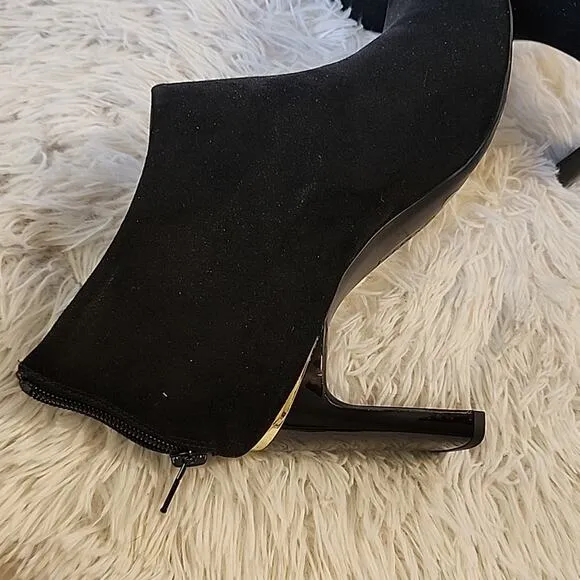 ALFANI BRITTNEE SQUARE-TOE BLACK SUEDE BOOTIES 9 GOLD TRIM ON HEEL NWOB