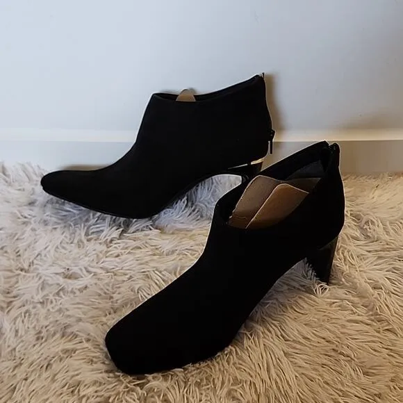 ALFANI BRITTNEE SQUARE-TOE BLACK SUEDE BOOTIES 9 GOLD TRIM ON HEEL NWOB