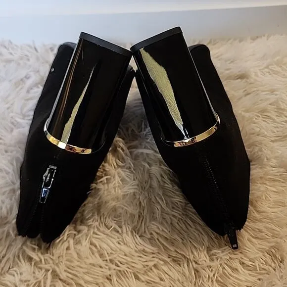 ALFANI BRITTNEE SQUARE-TOE BLACK SUEDE BOOTIES 9 GOLD TRIM ON HEEL NWOB