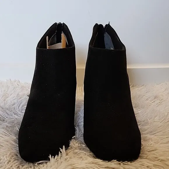 ALFANI BRITTNEE SQUARE-TOE BLACK SUEDE BOOTIES 9 GOLD TRIM ON HEEL NWOB