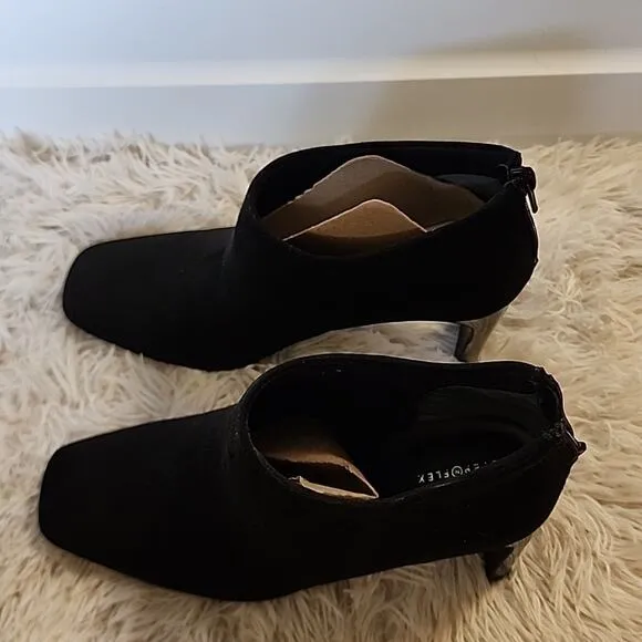 ALFANI BRITTNEE SQUARE-TOE BLACK SUEDE BOOTIES 9 GOLD TRIM ON HEEL NWOB