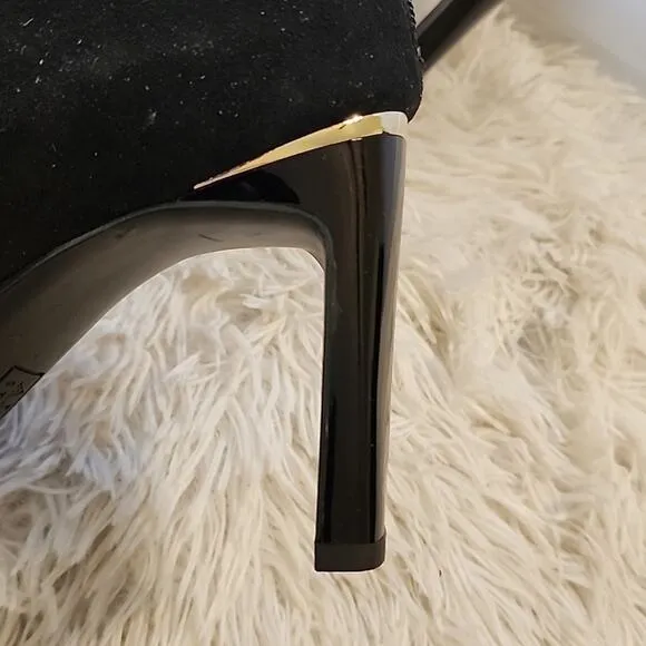 ALFANI BRITTNEE SQUARE-TOE BLACK SUEDE BOOTIES 9 GOLD TRIM ON HEEL NWOB