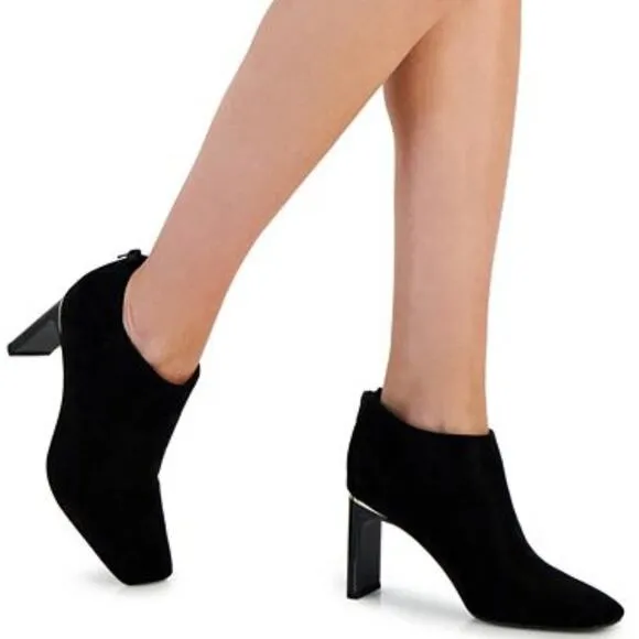 ALFANI BRITTNEE SQUARE-TOE BLACK SUEDE BOOTIES 9 GOLD TRIM ON HEEL NWOB