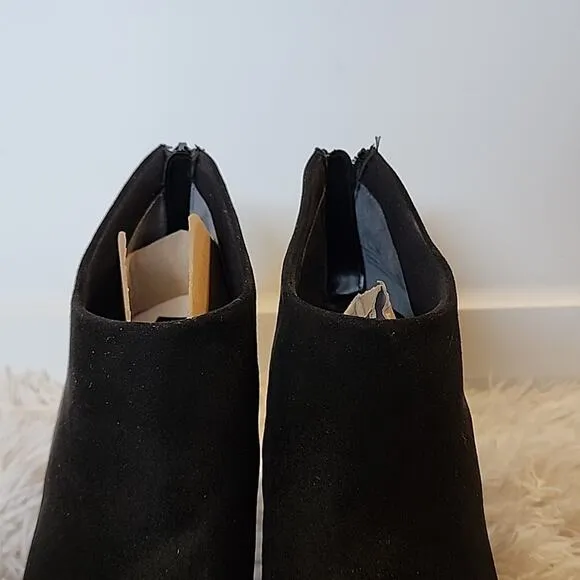 ALFANI BRITTNEE SQUARE-TOE BLACK SUEDE BOOTIES 9 GOLD TRIM ON HEEL NWOB