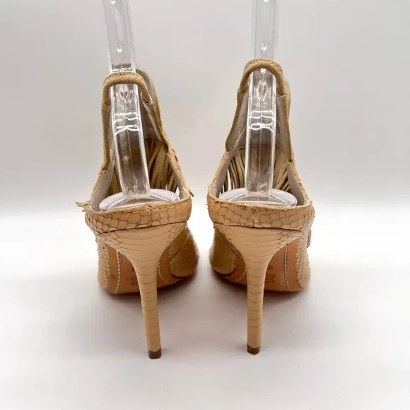ALICE   OLIVIA Shoes Womens 7 Tan Fringe Heel Snake Embossed Leather Sling Back
