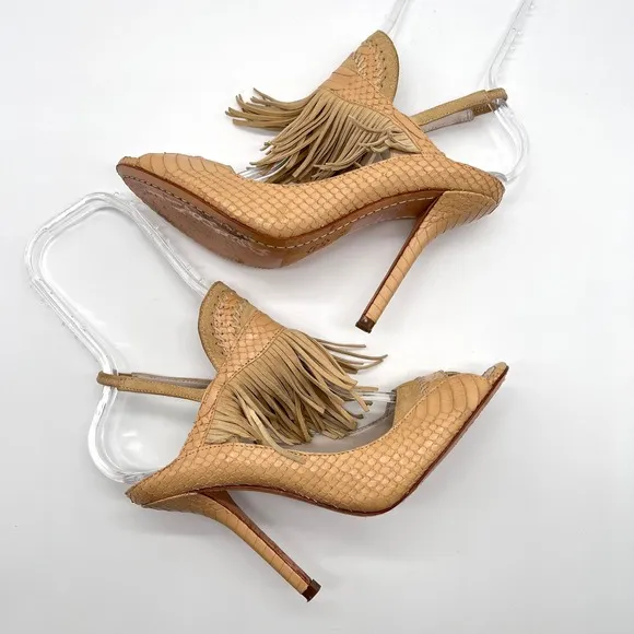 ALICE   OLIVIA Shoes Womens 7 Tan Fringe Heel Snake Embossed Leather Sling Back