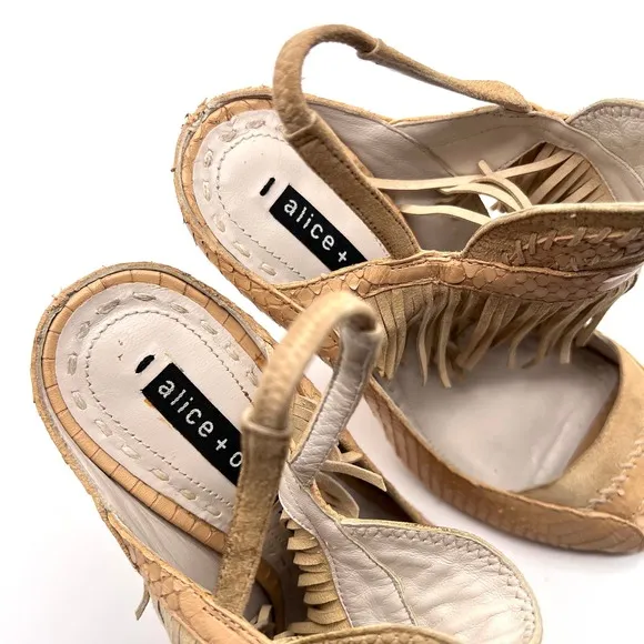 ALICE   OLIVIA Shoes Womens 7 Tan Fringe Heel Snake Embossed Leather Sling Back