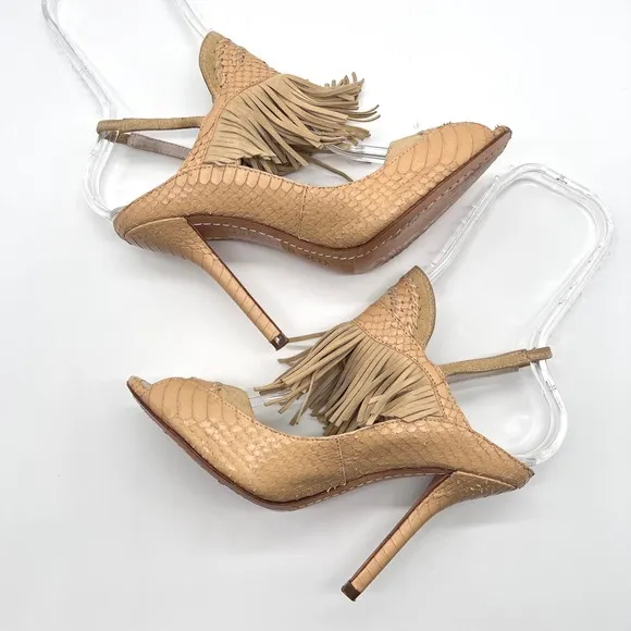 ALICE   OLIVIA Shoes Womens 7 Tan Fringe Heel Snake Embossed Leather Sling Back