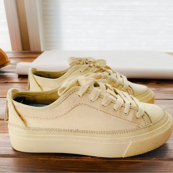 All Saints Mila Cream Leather &amp; Canvas Chunky Lace Up Flat Sneaker Size 36 US 6