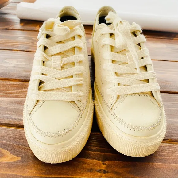 All Saints Mila Cream Leather &amp; Canvas Chunky Lace Up Flat Sneaker Size 36 US 6