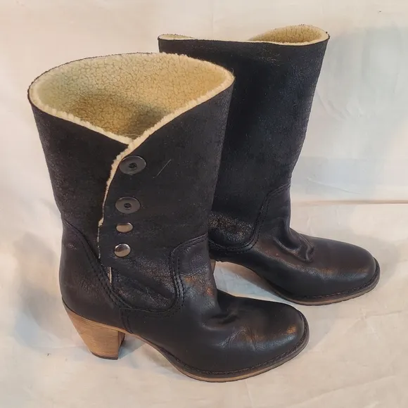 Anthropologie OTO Leather Boots  Women's Size 38 Black Sherpa Lined Italy New
