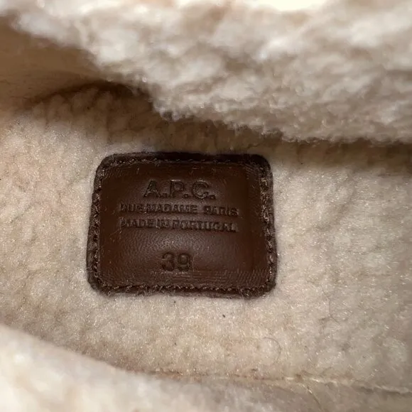 A.P.C. Boots Womens 9 39 Shoes Brown Leather Crepe Sole Fur Ankle Bootie Chelsea