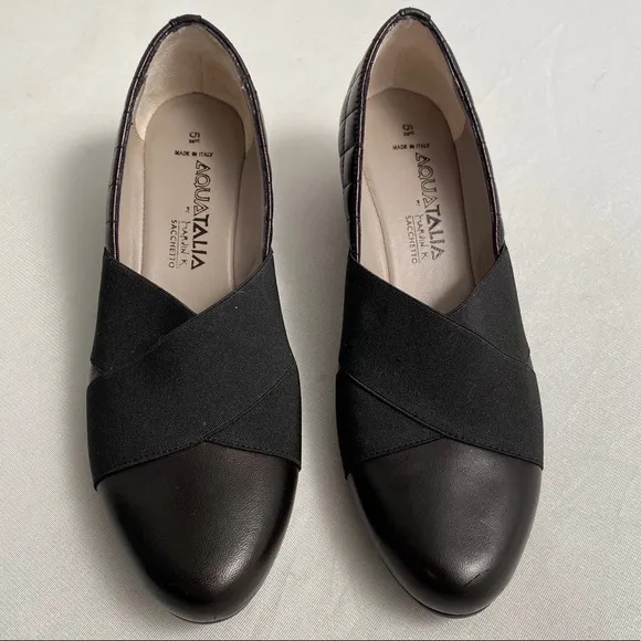 Aquatalia black quilted leather round toe wedge shoes