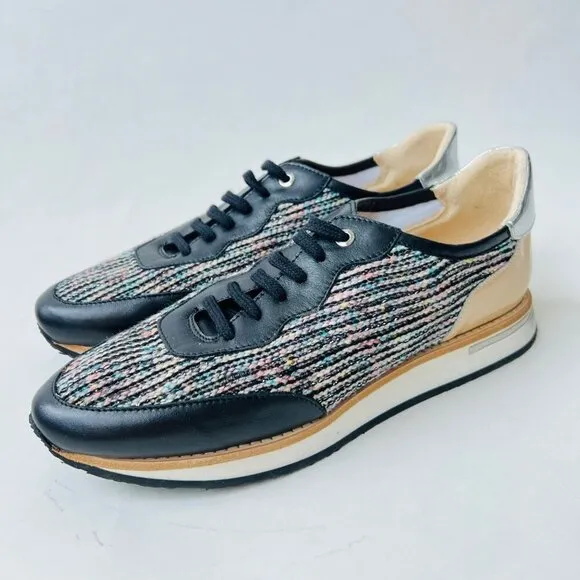 Aquatalia Tweed and leather Nahla sneakers, black, Size 9