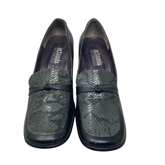 Artemis Shoes Womens 37 US 7 Black Gray Snakeskin Chunky Heel
