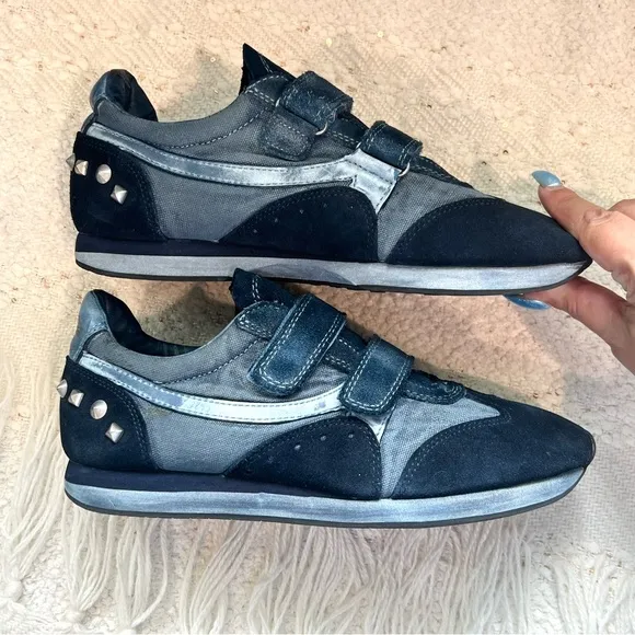 ASH Sneakers Blue Canvas Leather and Suede Spike Shoes 7