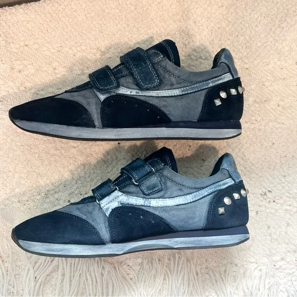 ASH Sneakers Blue Canvas Leather and Suede Spike Shoes 7