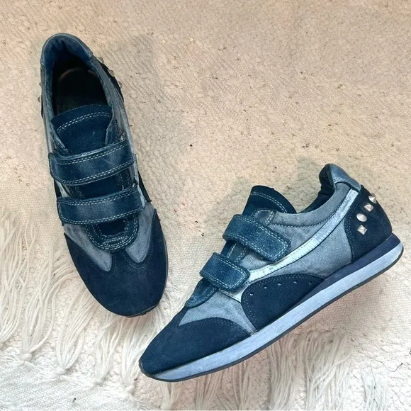 ASH Sneakers Blue Canvas Leather and Suede Spike Shoes 7