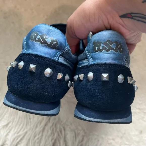 ASH Sneakers Blue Canvas Leather and Suede Spike Shoes 7