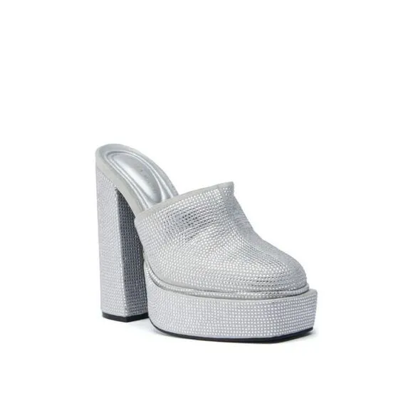 AZALEA WANG Chunky Silver Rhinestoned Heeled Clog Platform Shoes sz 10 $60